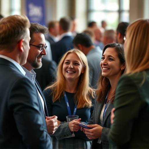 Fotografia de um evento corporativo, com pessoas interagindo e sorrindo.