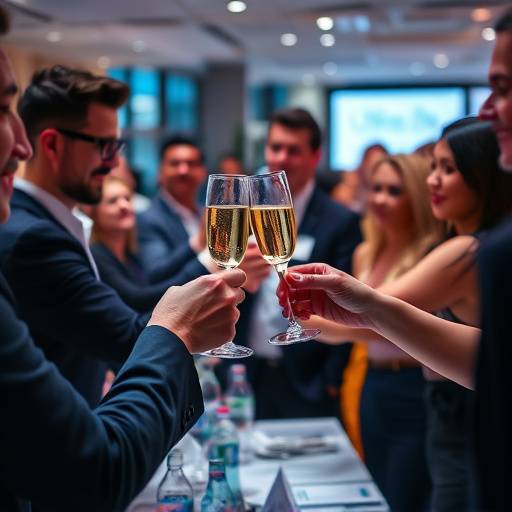 Fotografia de um grupo de pessoas em um evento corporativo, brindando com taças de champanhe.