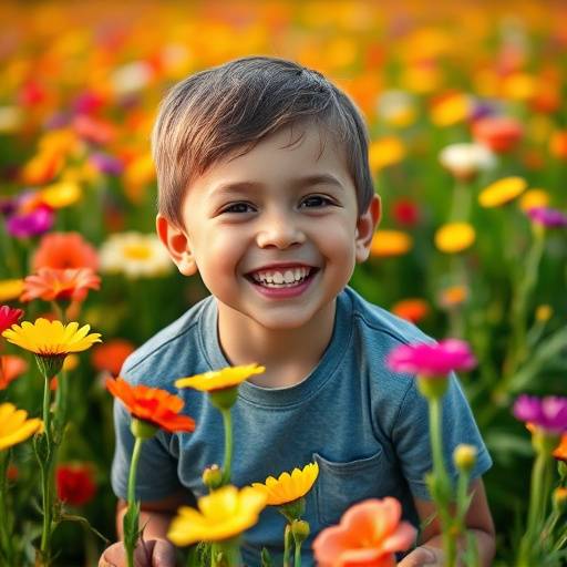 Retrato de um menino sorrindo brincando em um campo florido, com cores vivas e luz natural.
