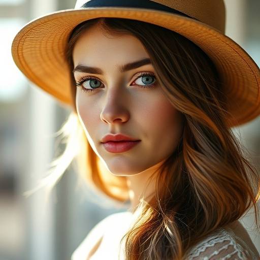 Retrato de uma jovem mulher com um olhar sereno, usando um chapéu e com a luz do sol iluminando seu rosto suavemente.