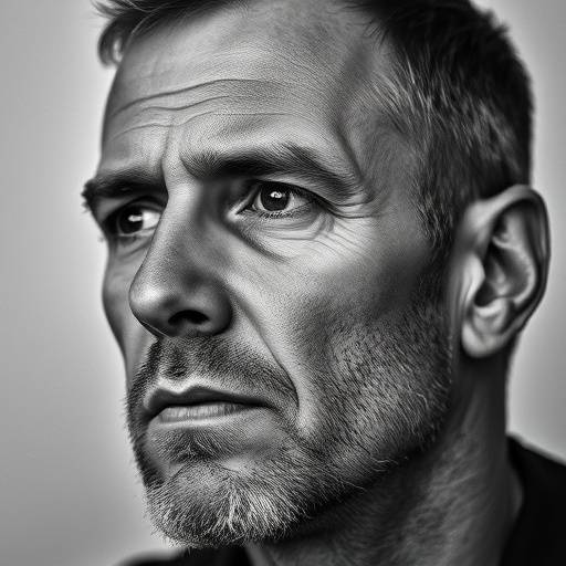 Retrato em preto e branco de um homem com uma expressão reflexiva, transmitindo profundidade e emoção.